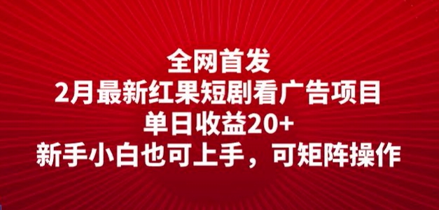 全网首发，2月最新红果短剧看广告项目，单日收益20+，新手小白也可上手，可矩阵操作-SBYUN网创