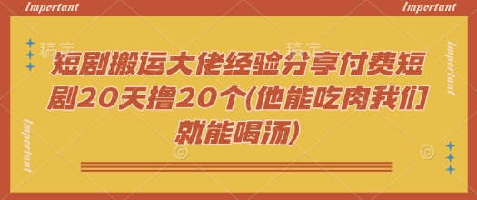 短剧搬运大佬经验分享付费短剧20天撸20个(他能吃肉我们就能喝汤)-SBYUN网创
